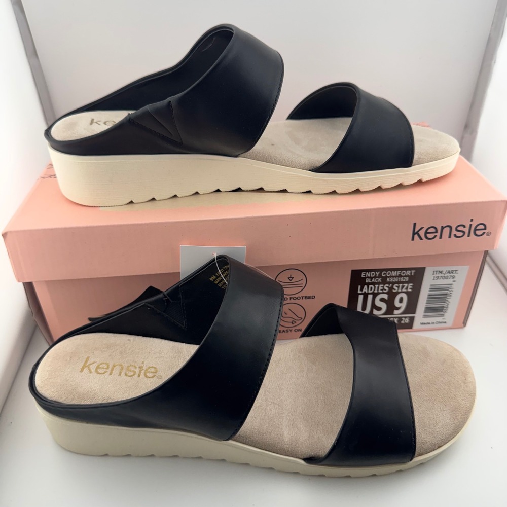 Kensie Endy Comfort Sandals Women Size 9 Black New Platform Wedge Slide KS261620